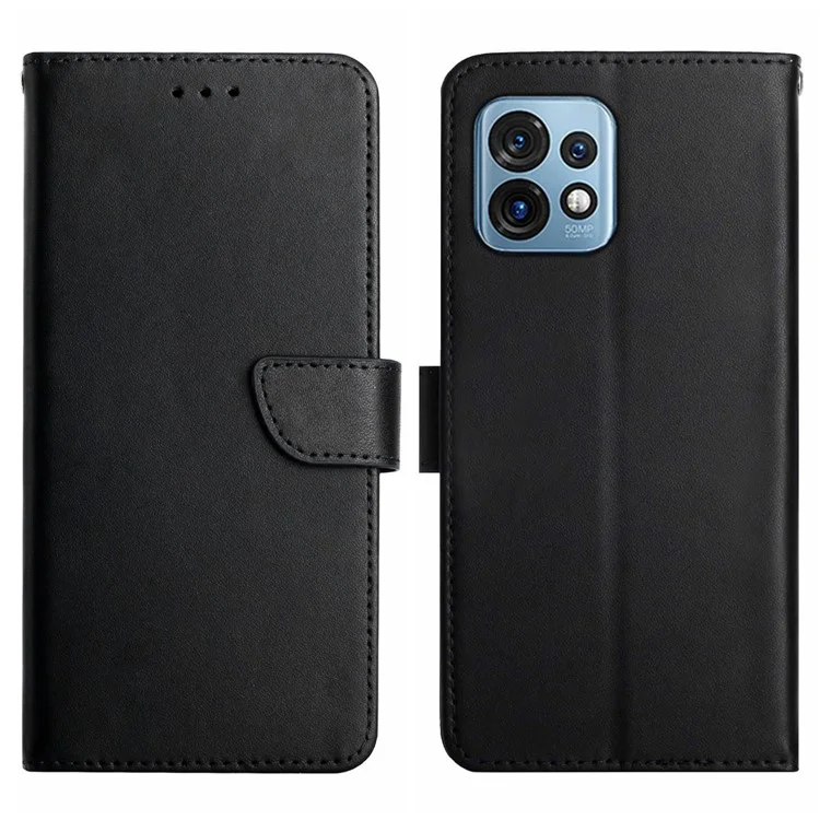 HT02 For Motorola Edge+ (2023) / Edge 40 Pro 5G / Moto X40 5G Genuine Leather Phone Case Nappa Texture Wallet Stand Cover - Black-Cellmalls