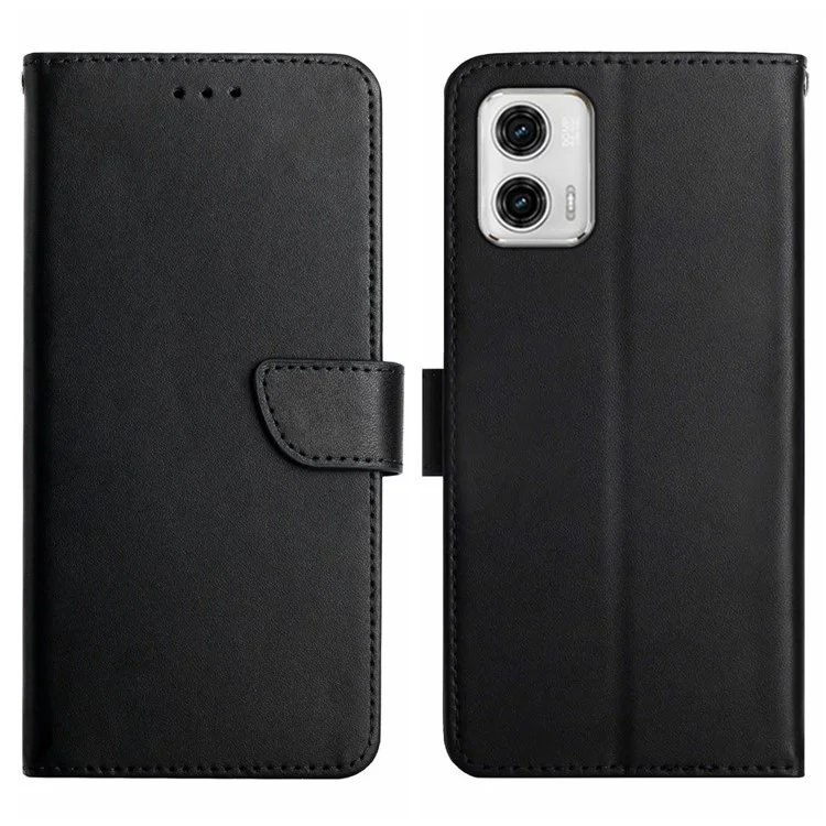 HT02 For Motorola Moto G73 5G Anti-Scratch Genuine Leather Phone Case Nappa Texture Wallet Stand Protective Cover - Black-Cellmalls