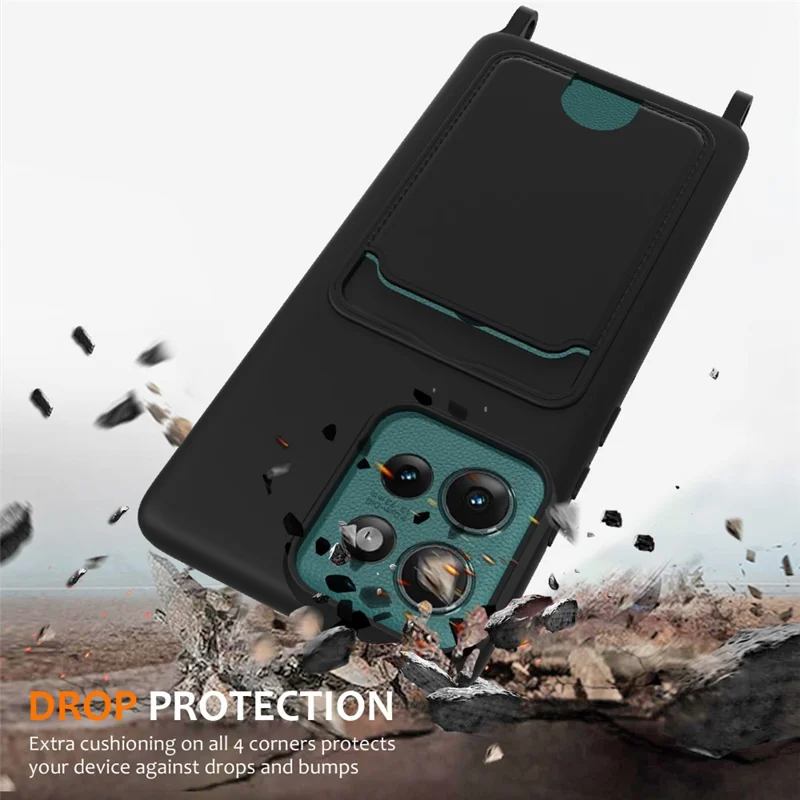 For Motorola Edge 50 5G Case Liquid Silicone Card Holder Phone Back Cover with Lanyard - Black-Cellmalls