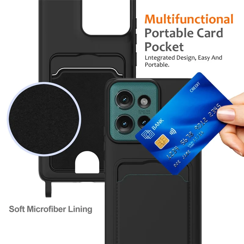 For Motorola Edge 50 5G Case Liquid Silicone Card Holder Phone Back Cover with Lanyard - Black-Cellmalls
