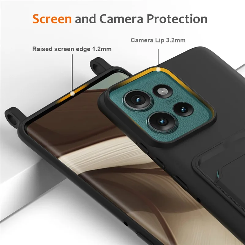 For Motorola Edge 50 5G Case Liquid Silicone Card Holder Phone Back Cover with Lanyard - Black-Cellmalls