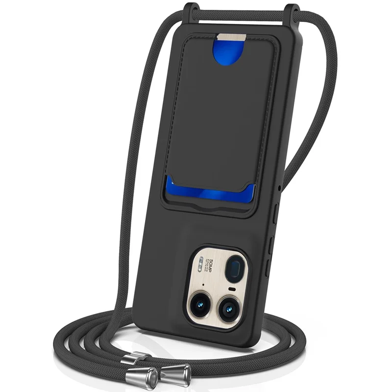 For Motorola Moto X50 Ultra 5G / Motorola Edge 50 Ultra 5G Case Liquid Silicone Card Holder Back Phone Cover with Lanyard - Black-Cellmalls