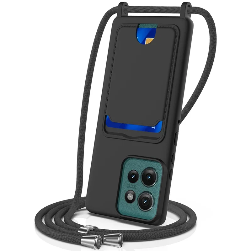 For Motorola Edge 50 5G Case Liquid Silicone Card Holder Phone Back Cover with Lanyard - Black-Cellmalls