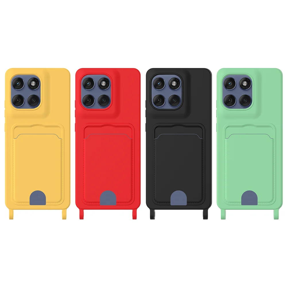 For Motorola Edge 60 Pro 5G Case Liquid Silicone Card Holder Back Phone Cover with Lanyard - Black-Cellmalls