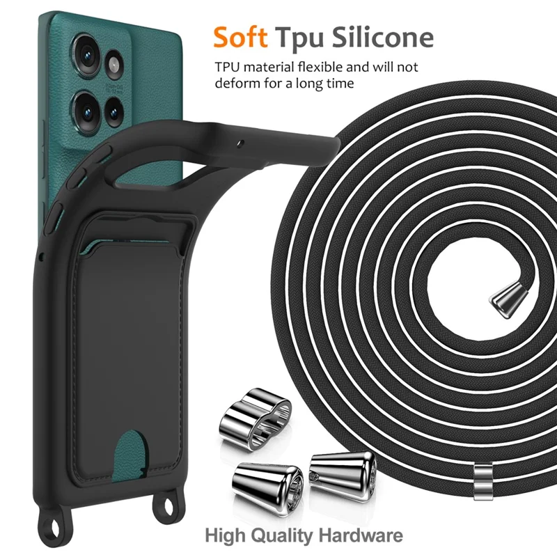 For Motorola Edge 50 5G Case Liquid Silicone Card Holder Phone Back Cover with Lanyard - Black-Cellmalls