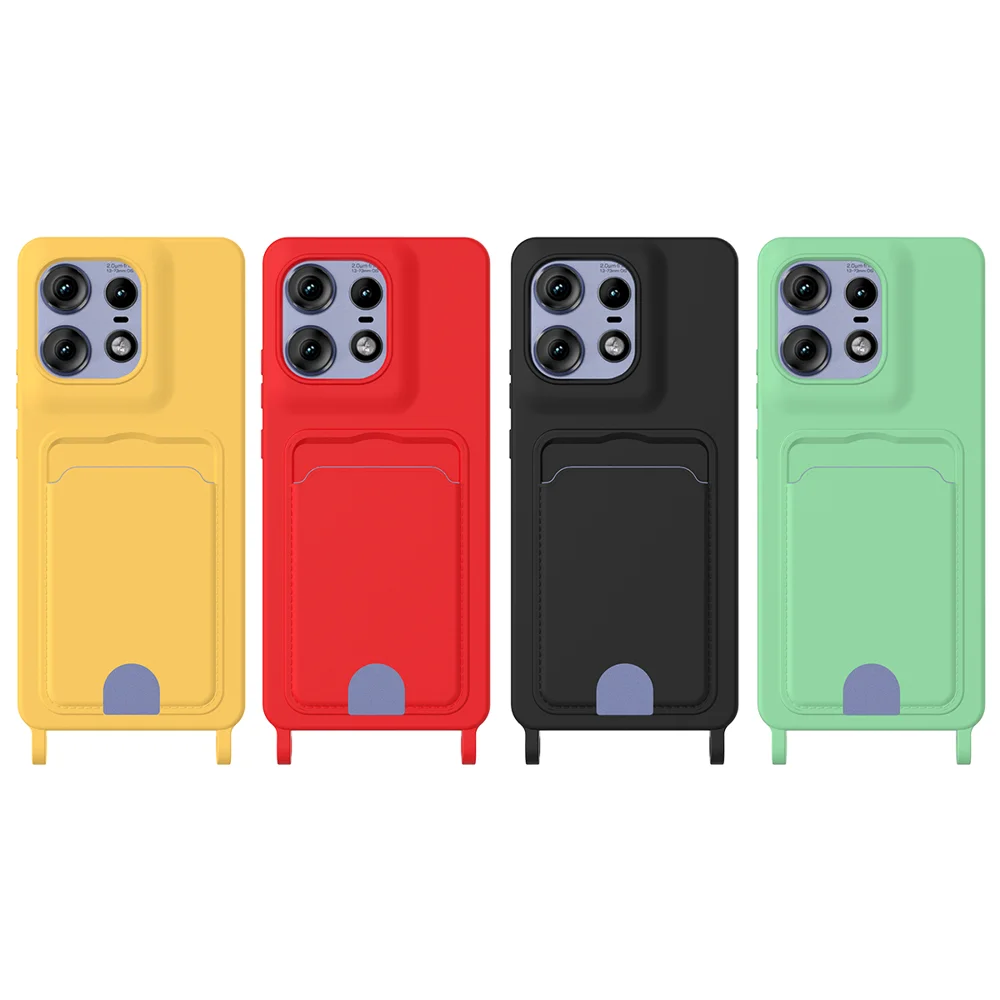 For Motorola Edge 50 Pro 5G Case Liquid Silicone Card Holder Back Phone Cover with Lanyard - Black-Cellmalls