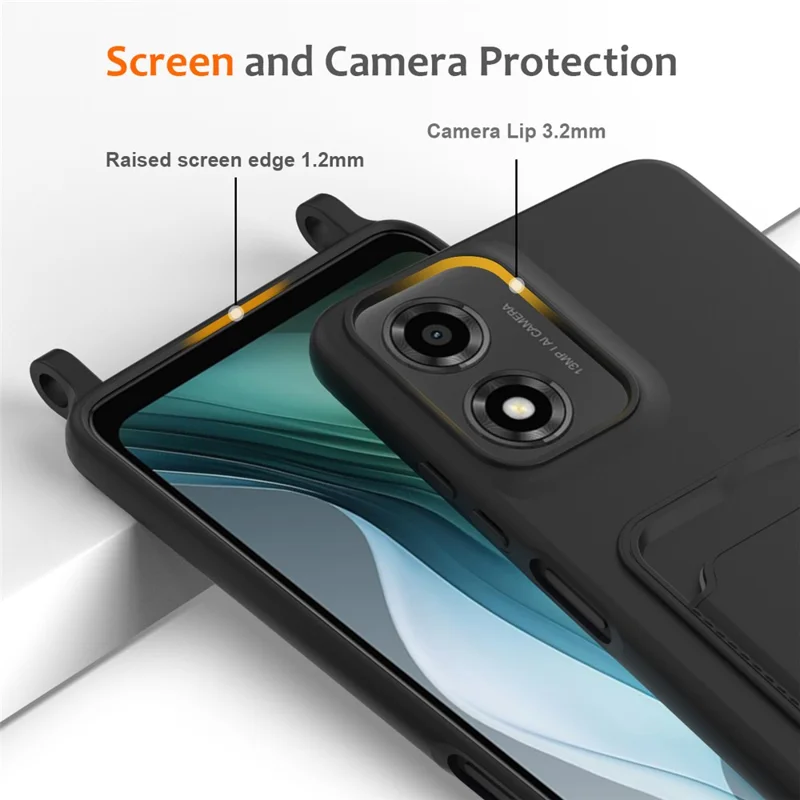 Phone Case For Motorola Moto G24 4G  /  G04s 4G  /  G04 4G  /  E14 4G Liquid Silicone Card Holder Back Cover with Lanyard - Black-Cellmalls