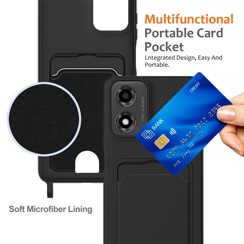 Phone Case For Motorola Moto G24 4G  /  G04s 4G  /  G04 4G  /  E14 4G Liquid Silicone Card Holder Back Cover with Lanyard - Black-Cellmalls