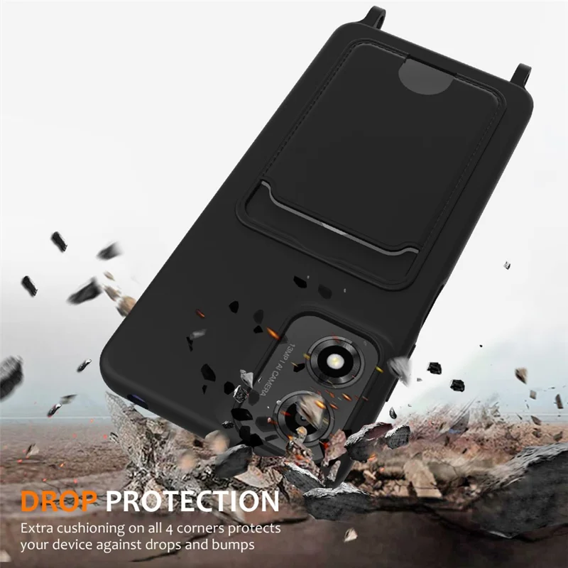 Phone Case For Motorola Moto G24 4G  /  G04s 4G  /  G04 4G  /  E14 4G Liquid Silicone Card Holder Back Cover with Lanyard - Black-Cellmalls