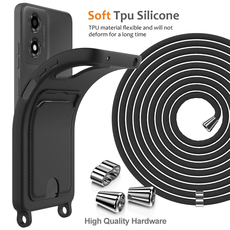 Phone Case For Motorola Moto G24 4G  /  G04s 4G  /  G04 4G  /  E14 4G Liquid Silicone Card Holder Back Cover with Lanyard - Black-Cellmalls