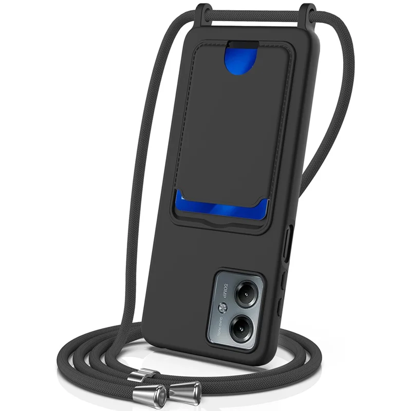 For Motorola Moto G14 4G Case Liquid Silicone Card Holder Back Phone Cover with Lanyard - Black-Cellmalls