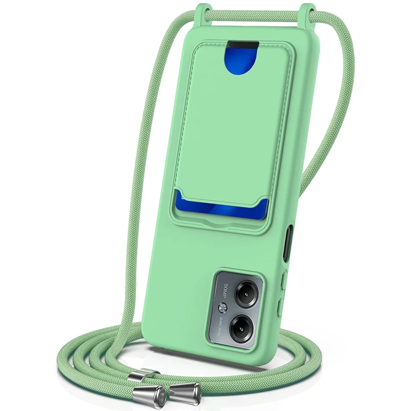 For Motorola Moto G14 4G Case Liquid Silicone Card Holder Back Phone Cover with Lanyard - Black-Cellmalls