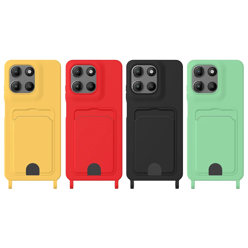 For Motorola Moto G15 Power 4G / Motorola Moto G15 4G Case Liquid Silicone Card Holder Back Phone Cover with Lanyard - Black-Cellmalls