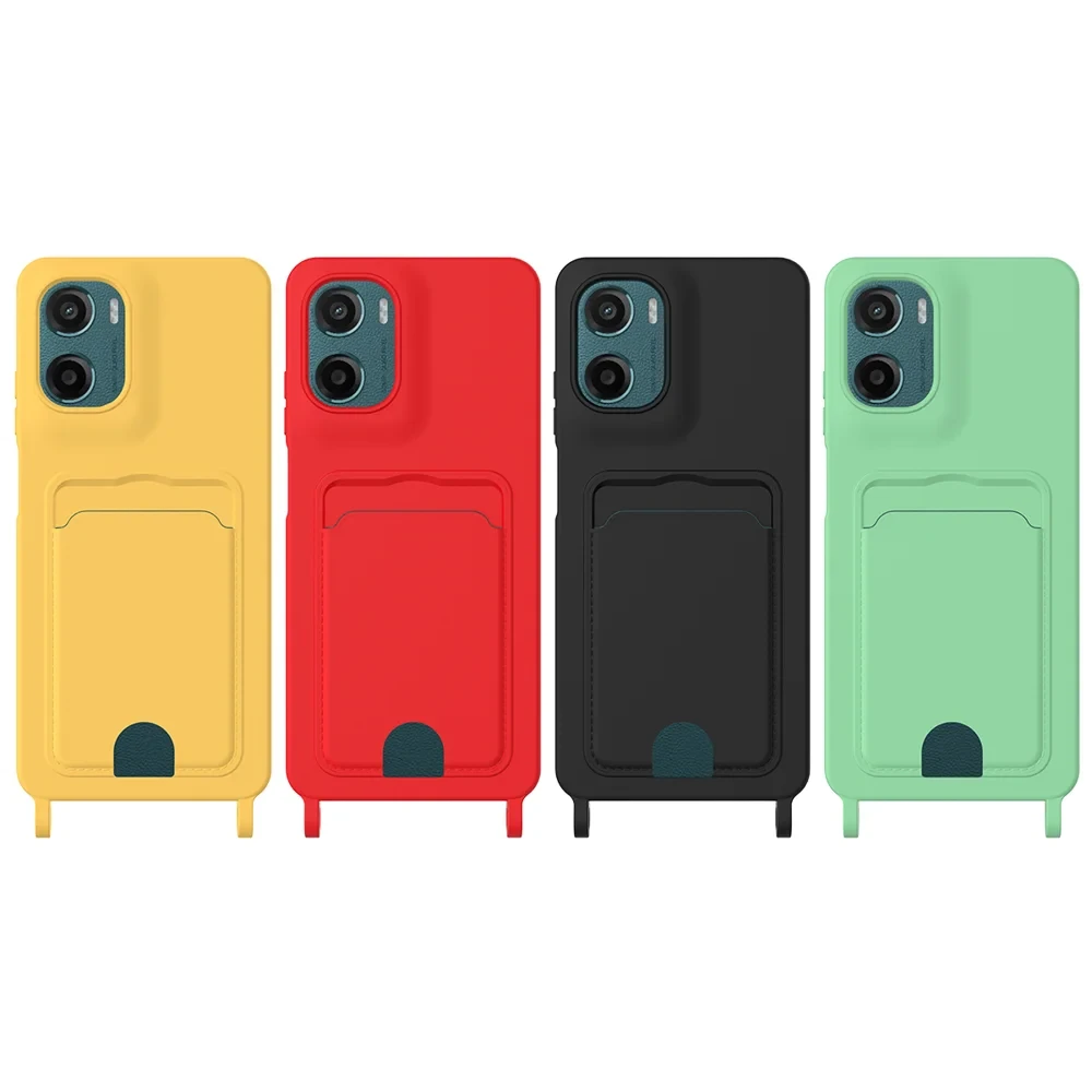 For Motorola Moto E15 4G / Motorola Moto G05 4G Case Liquid Silicone Card Holder Back Phone Cover with Lanyard - Black-Cellmalls