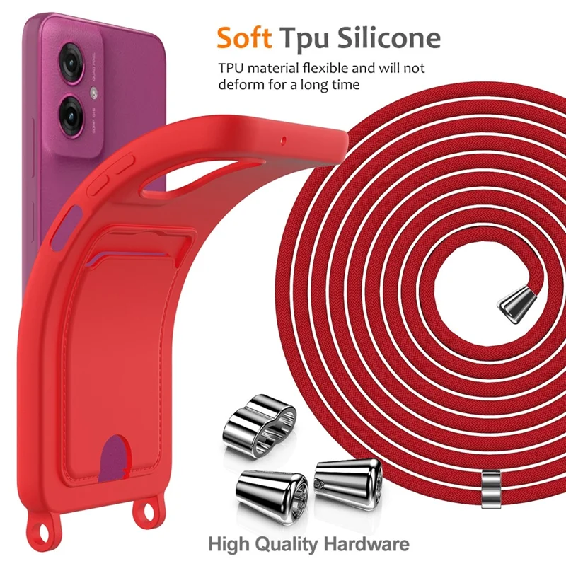 For Motorola Moto G55 5G Case Liquid Silicone Card Holder Back Phone Cover with Lanyard - Red-Cellmalls