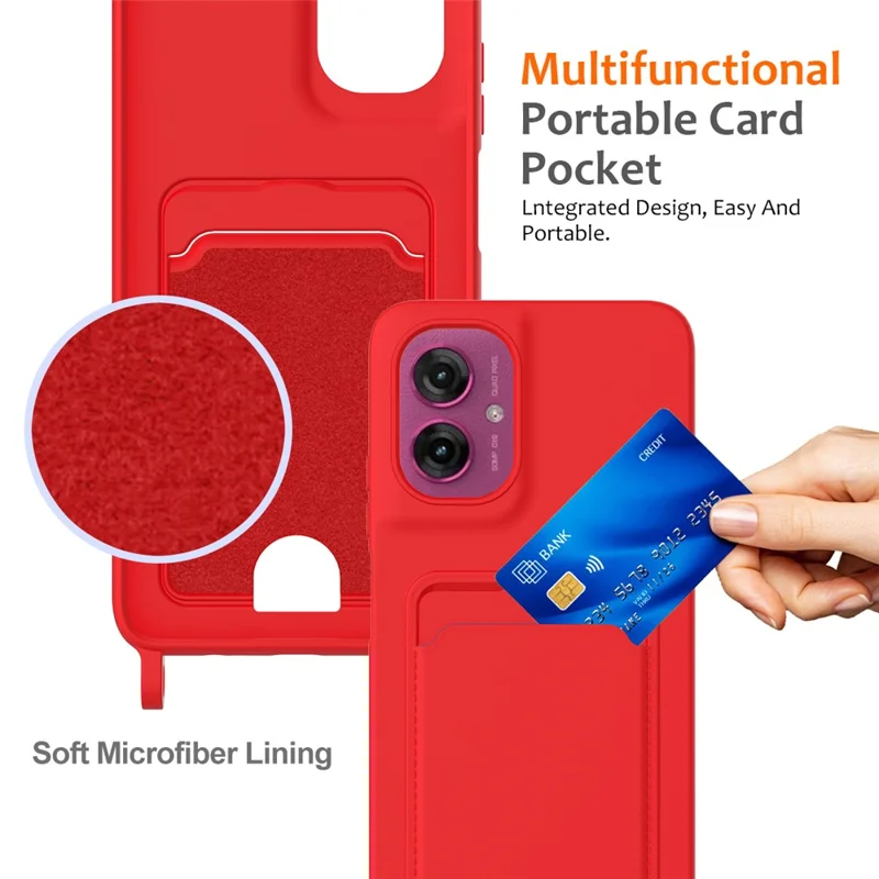For Motorola Moto G55 5G Case Liquid Silicone Card Holder Back Phone Cover with Lanyard - Red-Cellmalls