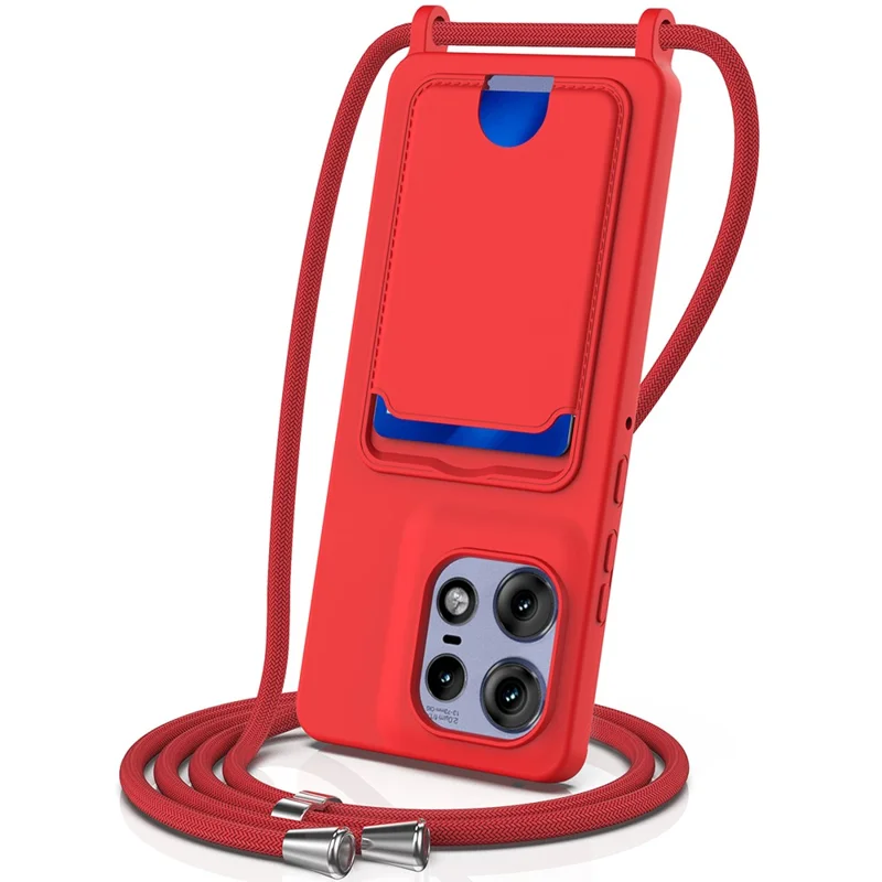 For Motorola Edge 50 Pro 5G Case Liquid Silicone Card Holder Back Phone Cover with Lanyard - Black-Cellmalls