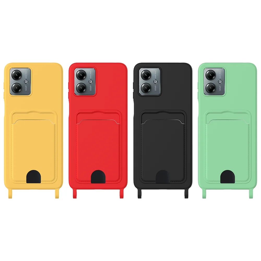 For Motorola Moto G14 4G Case Liquid Silicone Card Holder Back Phone Cover with Lanyard - Black-Cellmalls
