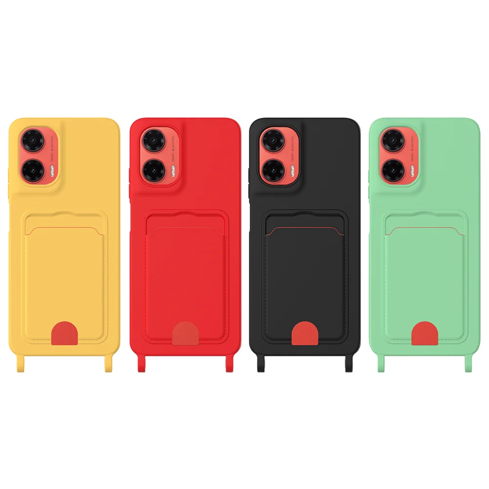 For Motorola Moto G35 5G Case Liquid Silicone Card Holder Back Phone Cover with Lanyard - Black-Cellmalls