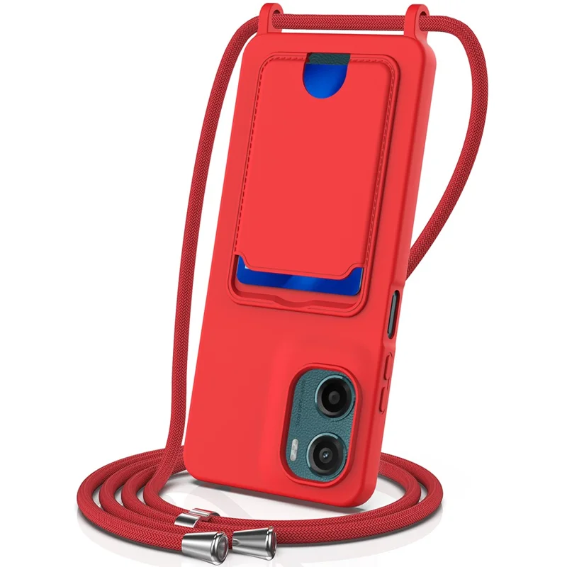 For Motorola Moto E15 4G / Motorola Moto G05 4G Case Liquid Silicone Card Holder Back Phone Cover with Lanyard - Black-Cellmalls