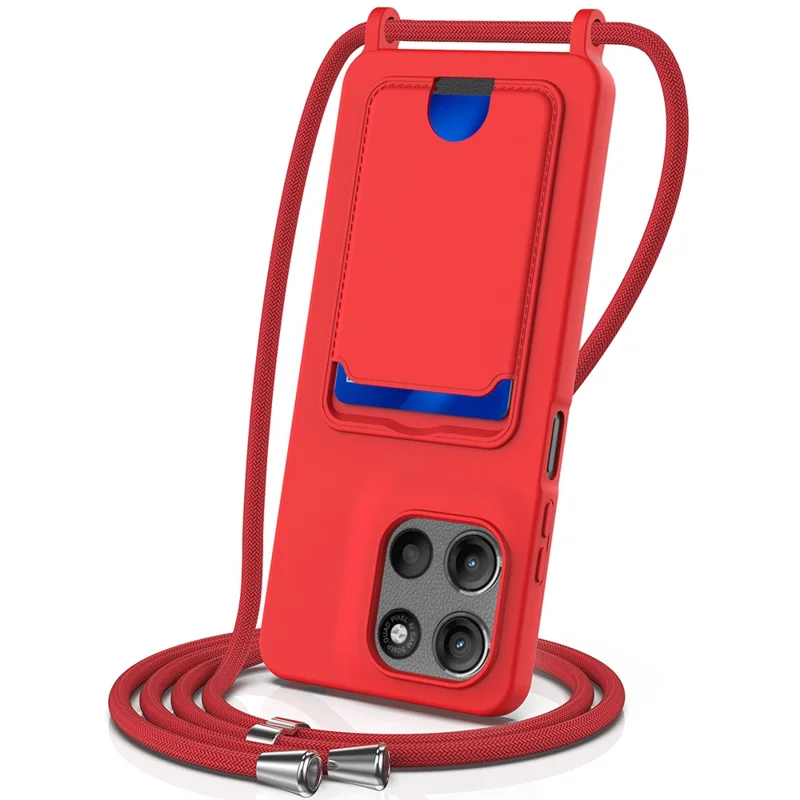 For Motorola Moto G15 Power 4G / Motorola Moto G15 4G Case Liquid Silicone Card Holder Back Phone Cover with Lanyard - Black-Cellmalls