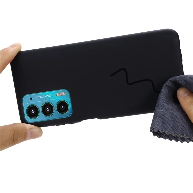 For Motorola Edge 20 Liquid Silicone Phone Case Soft Microfiber Lining Cellphone Back Cover with Strap - Black-Cellmalls