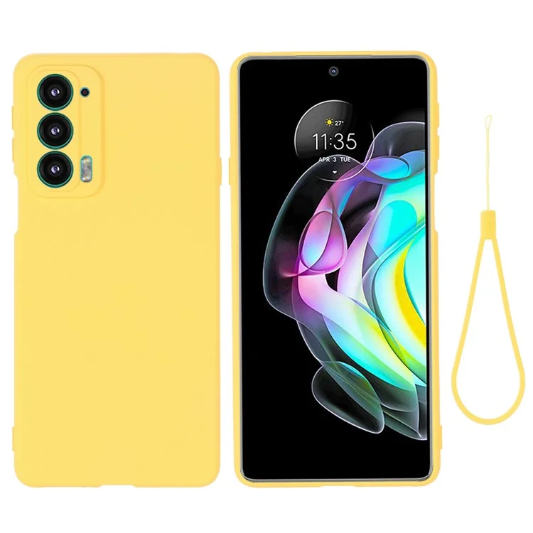 For Motorola Edge 20 Liquid Silicone Phone Case Soft Microfiber Lining Cellphone Back Cover with Strap - Black-Cellmalls