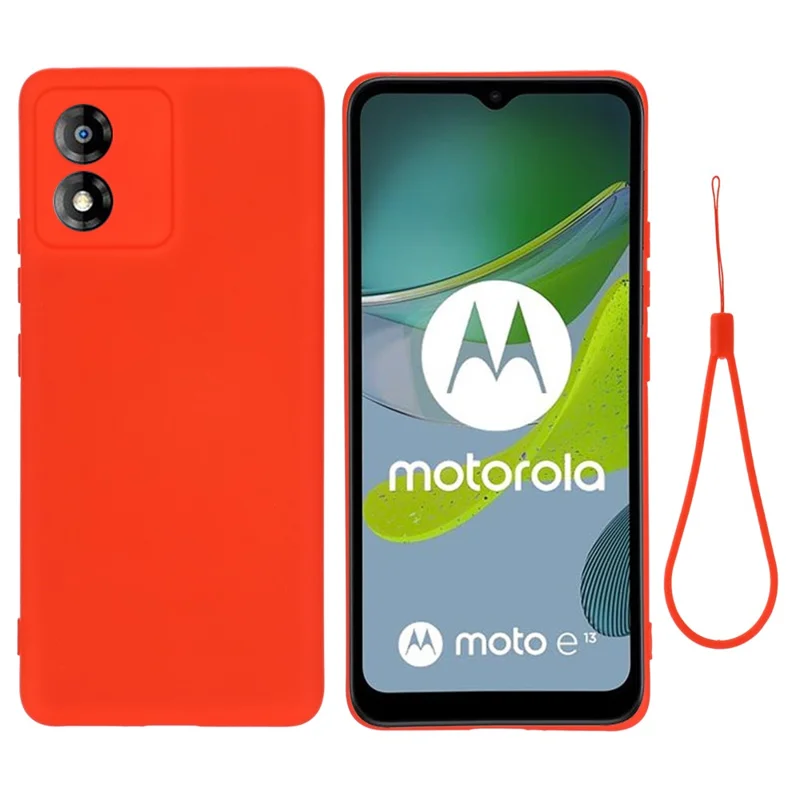 For Motorola Moto E13 4G Anti-Dust Phone Case Liquid Silicone Soft Lining Phone Cover Shell with Strap - Black-Cellmalls