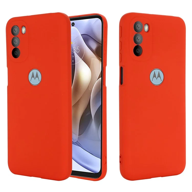 For Motorola Moto G51 5G Liquid Silicone Phone Case Soft Microfiber Lining Silky-Soft Protective Cover with Strap - Red-Cellmalls