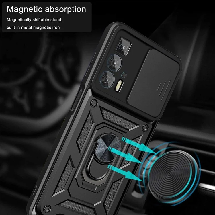 For Motorola Edge 20 Pro Hard PC + TPU Dual Layer Armor Phone Case Slide Lens Protection  Kickstand Scratch-Resistant Cover with Built-in Rotate Magnetic Metal Sheet - Black-Cellmalls