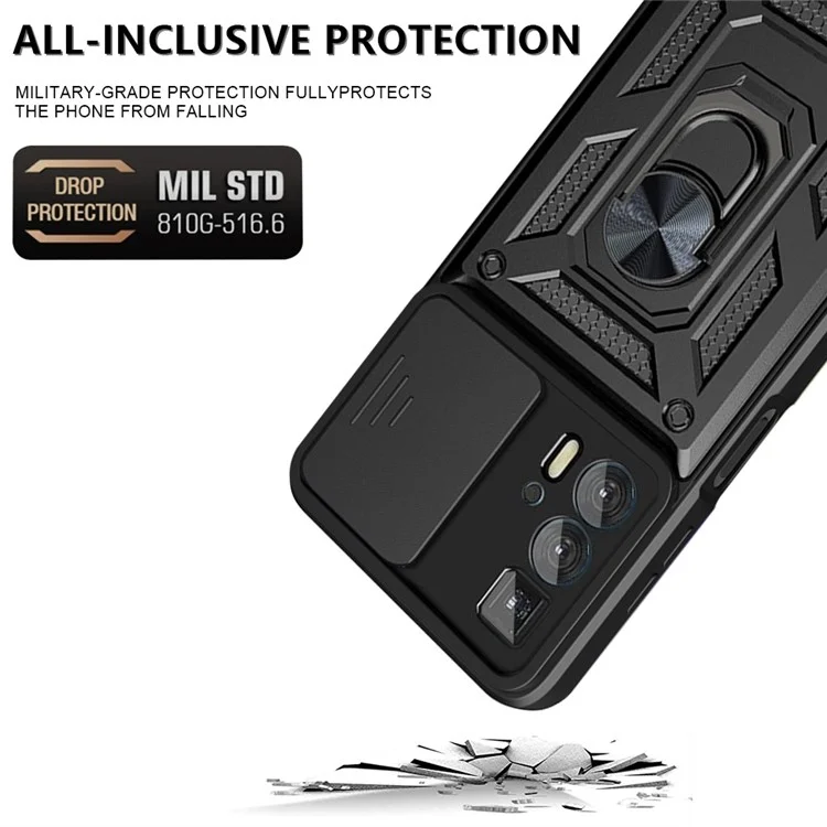For Motorola Edge 20 Pro Hard PC + TPU Dual Layer Armor Phone Case Slide Lens Protection  Kickstand Scratch-Resistant Cover with Built-in Rotate Magnetic Metal Sheet - Black-Cellmalls