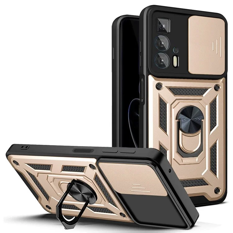 For Motorola Edge 20 Pro Hard PC + TPU Dual Layer Armor Phone Case Slide Lens Protection  Kickstand Scratch-Resistant Cover with Built-in Rotate Magnetic Metal Sheet - Black-Cellmalls