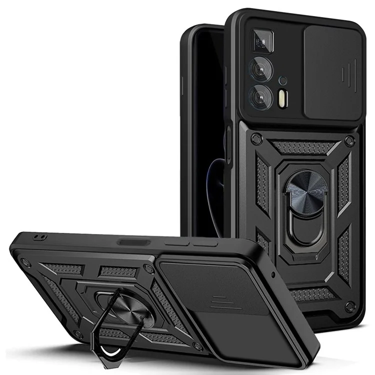 For Motorola Edge 20 Pro Hard PC + TPU Dual Layer Armor Phone Case Slide Lens Protection  Kickstand Scratch-Resistant Cover with Built-in Rotate Magnetic Metal Sheet - Black-Cellmalls