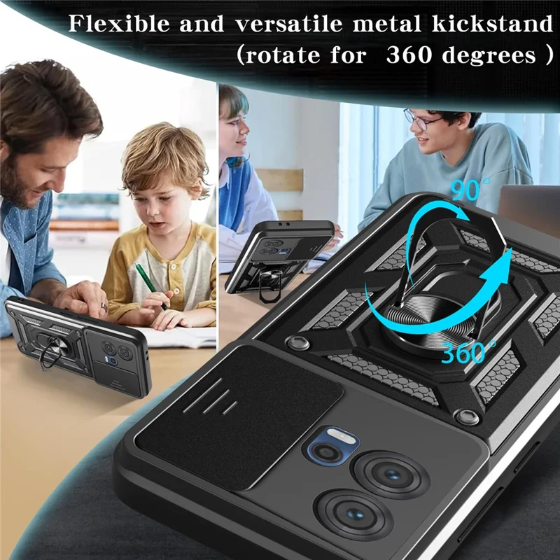 For Motorola Edge 30 Fusion 5G  /  Moto S30 Pro 5G Case with Slide Camera Lid PC + TPU Kickstand Phone Cover - Black-Cellmalls