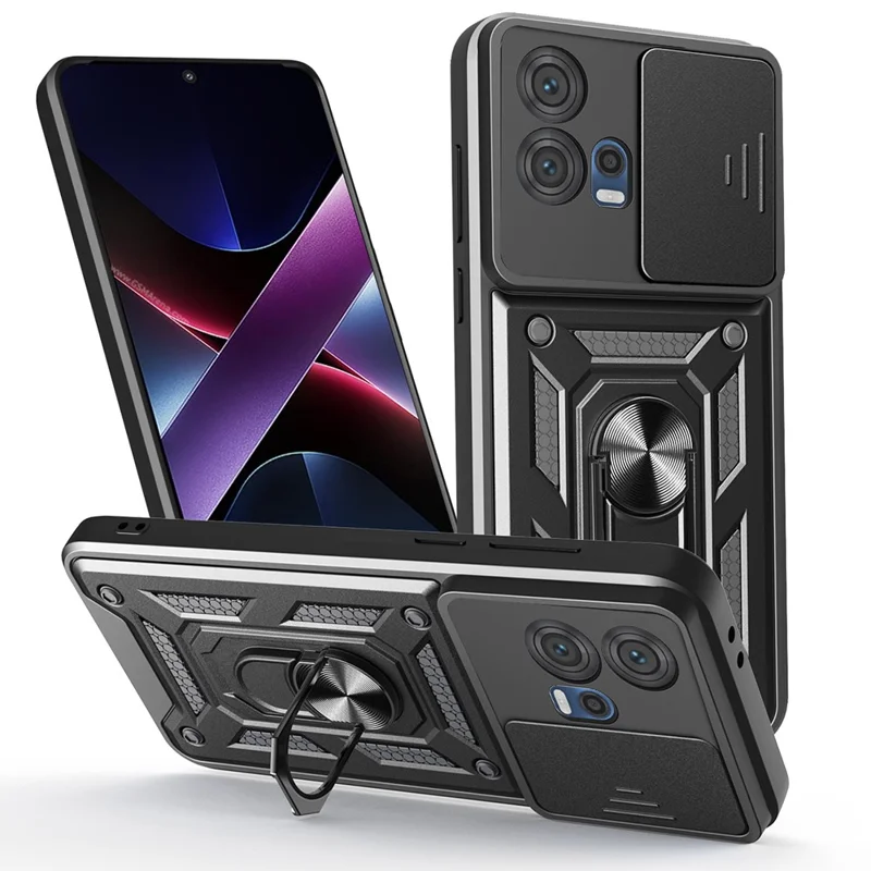 For Motorola Edge 30 Fusion 5G  /  Moto S30 Pro 5G Case with Slide Camera Lid PC + TPU Kickstand Phone Cover - Black-Cellmalls