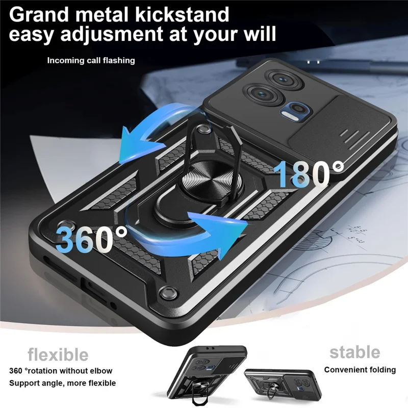 For Motorola Edge 30 Fusion 5G  /  Moto S30 Pro 5G Case with Slide Camera Lid PC + TPU Kickstand Phone Cover - Black-Cellmalls