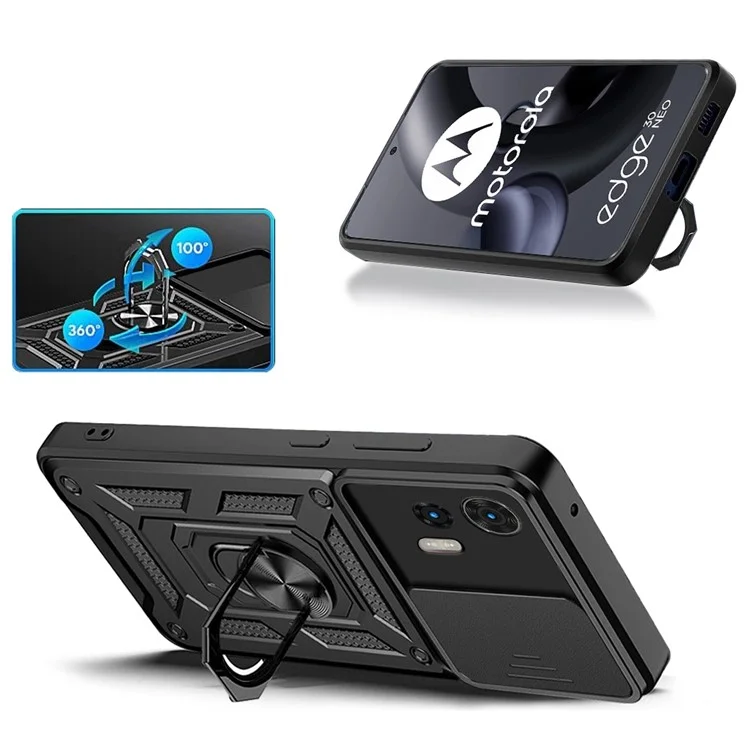 For Motorola Edge 30 Neo 5G  /  Edge 30 Lite Fall Prevention PC + TPU Hybrid Cover with Ring Kickstand Phone Case with Slide Camera Protector - Black-Cellmalls