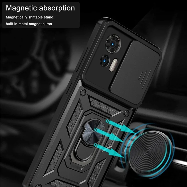 For Motorola Edge 30 Neo 5G  /  Edge 30 Lite Fall Prevention PC + TPU Hybrid Cover with Ring Kickstand Phone Case with Slide Camera Protector - Black-Cellmalls