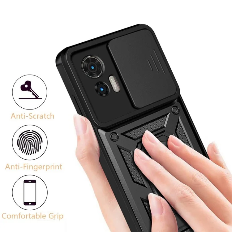 For Motorola Edge 30 Neo 5G  /  Edge 30 Lite Fall Prevention PC + TPU Hybrid Cover with Ring Kickstand Phone Case with Slide Camera Protector - Black-Cellmalls