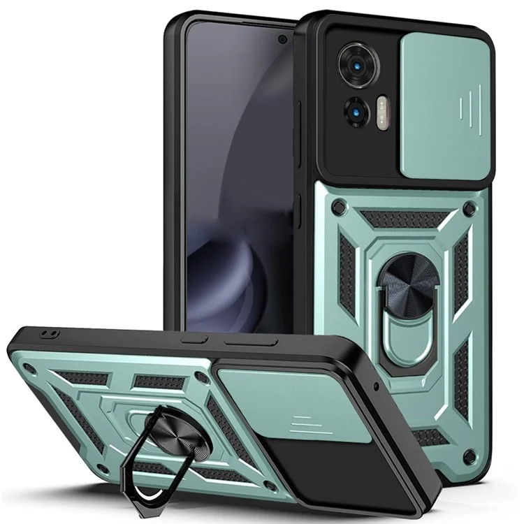 For Motorola Edge 30 Neo 5G  /  Edge 30 Lite Fall Prevention PC + TPU Hybrid Cover with Ring Kickstand Phone Case with Slide Camera Protector - Black-Cellmalls