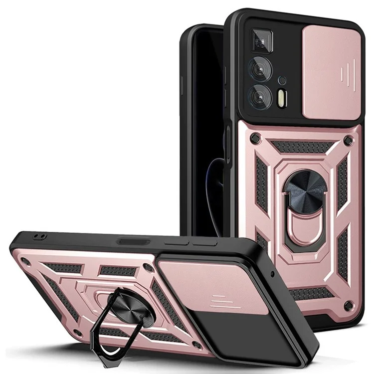 For Motorola Edge 20 Pro Hard PC + TPU Dual Layer Armor Phone Case Slide Lens Protection  Kickstand Scratch-Resistant Cover with Built-in Rotate Magnetic Metal Sheet - Black-Cellmalls