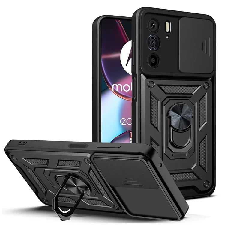 For Motorola Edge X30 / Edge 30 Pro (Motorola Edge+ (2022)) Anti-scratch Slide Camera Cover Hard PC + TPU Ring Kickstand Case Anti-drop Phone Shell - Black-Cellmalls