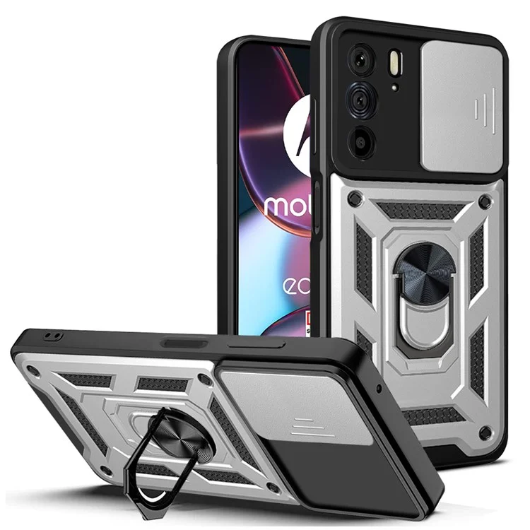 For Motorola Edge X30 / Edge 30 Pro (Motorola Edge+ (2022)) Anti-scratch Slide Camera Cover Hard PC + TPU Ring Kickstand Case Anti-drop Phone Shell - Black-Cellmalls