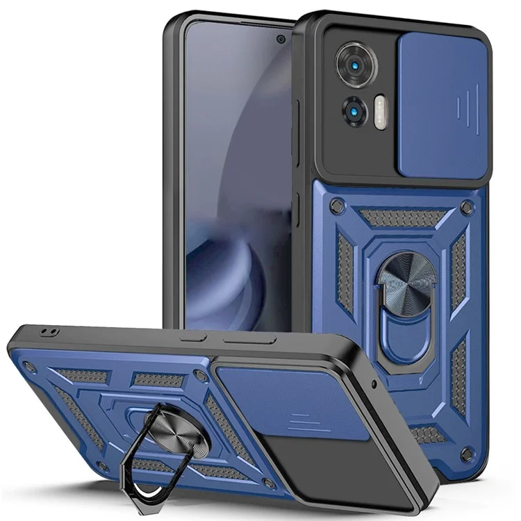 For Motorola Edge 30 Neo 5G  /  Edge 30 Lite Fall Prevention PC + TPU Hybrid Cover with Ring Kickstand Phone Case with Slide Camera Protector - Black-Cellmalls