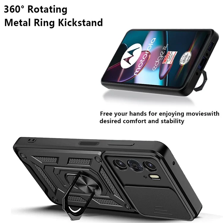 For Motorola Edge X30 / Edge 30 Pro (Motorola Edge+ (2022)) Anti-scratch Slide Camera Cover Hard PC + TPU Ring Kickstand Case Anti-drop Phone Shell - Black-Cellmalls