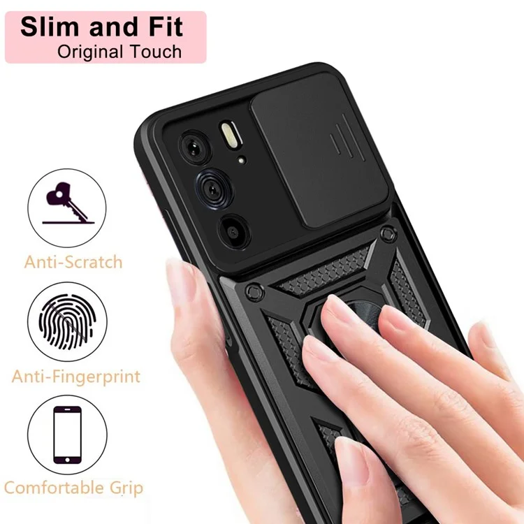 For Motorola Edge X30 / Edge 30 Pro (Motorola Edge+ (2022)) Anti-scratch Slide Camera Cover Hard PC + TPU Ring Kickstand Case Anti-drop Phone Shell - Black-Cellmalls