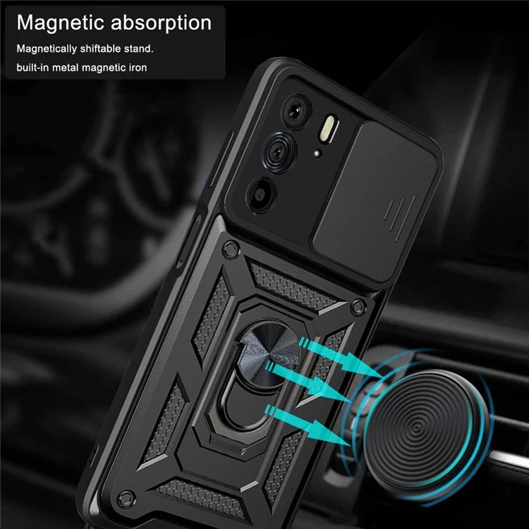 For Motorola Edge X30 / Edge 30 Pro (Motorola Edge+ (2022)) Anti-scratch Slide Camera Cover Hard PC + TPU Ring Kickstand Case Anti-drop Phone Shell - Black-Cellmalls