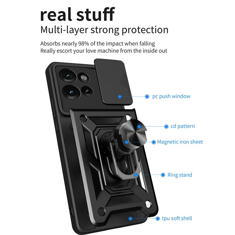 For Motorola Edge 50 5G Case with Slide Camera Lid PC+TPU Kickstand Phone Cover - Black-Cellmalls
