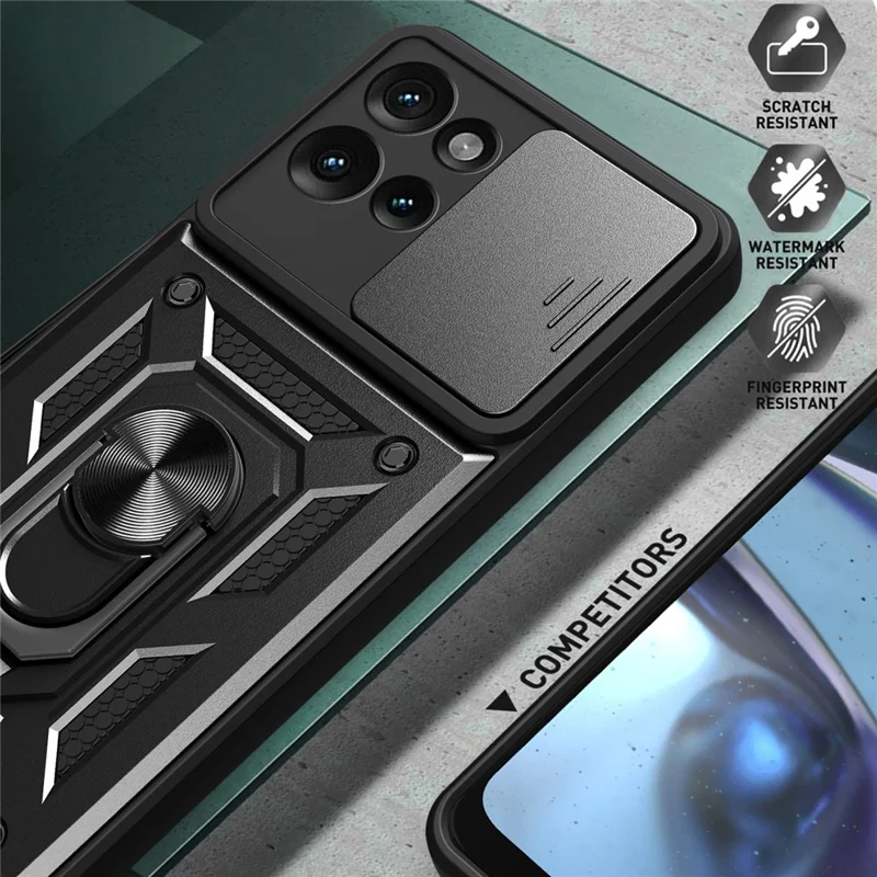 For Motorola Edge 50 5G Case with Slide Camera Lid PC+TPU Kickstand Phone Cover - Black-Cellmalls