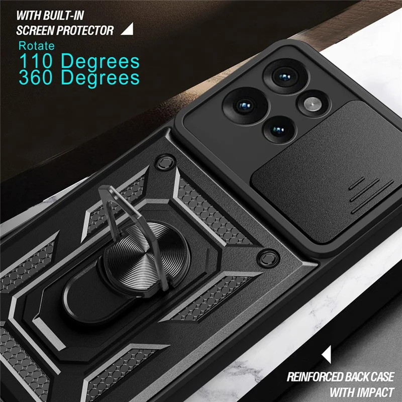 For Motorola Edge 50 5G Case with Slide Camera Lid PC+TPU Kickstand Phone Cover - Black-Cellmalls